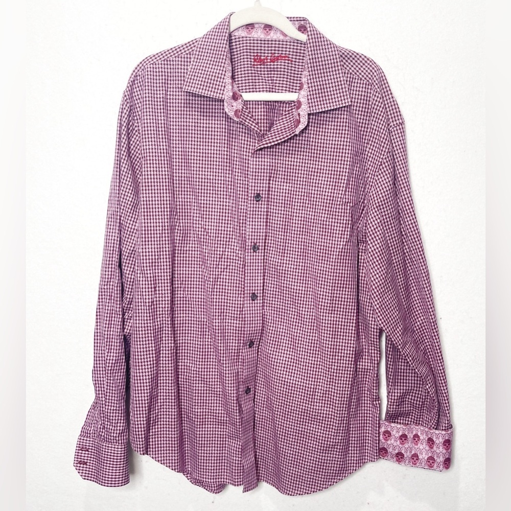 Robert Graham Maroon Gingham Check Star Skull Print Flip Cuff Button Up Shirt